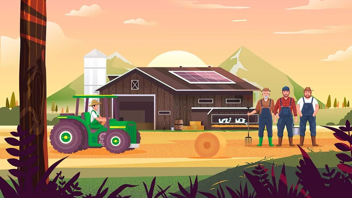 Illustrierter Bauernhof im Abendlicht: Traktor, Scheune mit Solarpanel, Kühe am Futtertrog und drei Bauern.