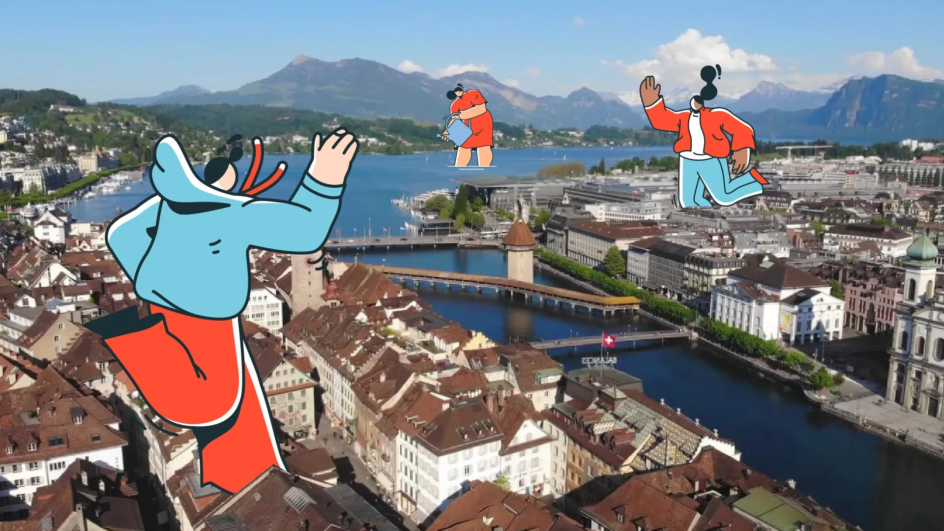 Veduta aerea di Lucerna con il Ponte della Cappella, sovrapposti personaggi animati giganti in stile flat